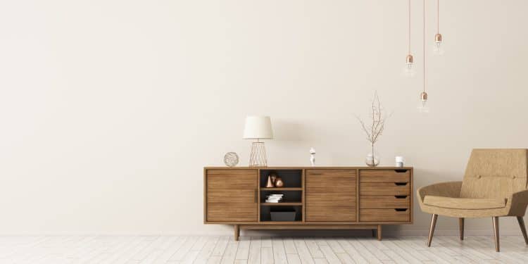 Modern interior of living room with brown wooden cabinet and armchair panorama 3d rendering