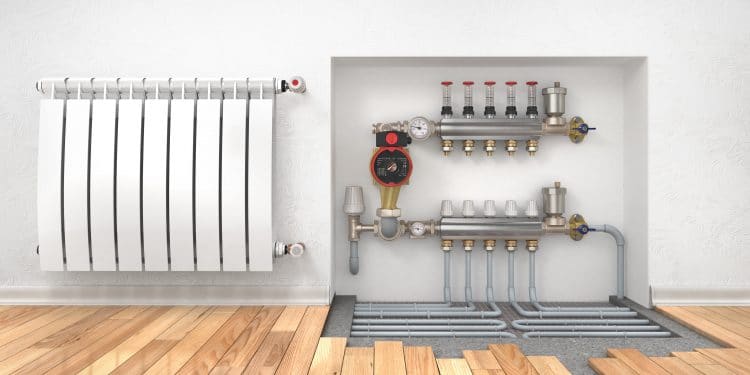 Heating concept. Underfloor heating with collector in the room. Concept of technology heating. 3d illustration
