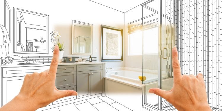 Hands Framing Custom Master Bathroom Photo Section with Drawing Behind.