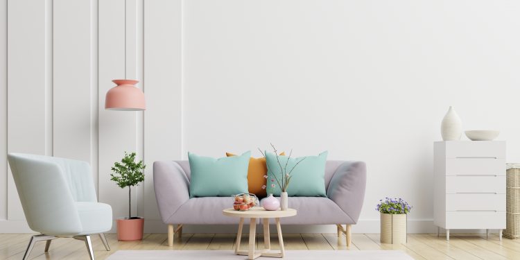 Bright and cozy modern living room interior have sofa and lamp with white wall background. 3d rendering