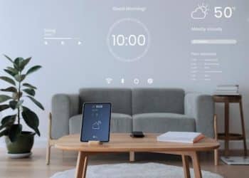 Digital tablet screen with smart home controller on a wooden table