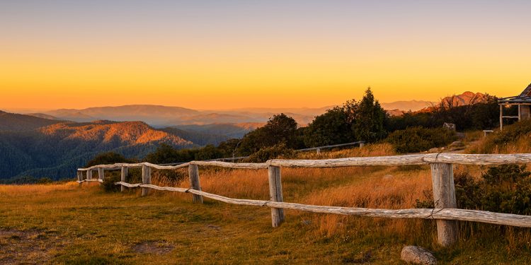 Sunset above Craigs Hut, built as the the set for Man from Snowy River movie in the Victorian Alps, Australia
