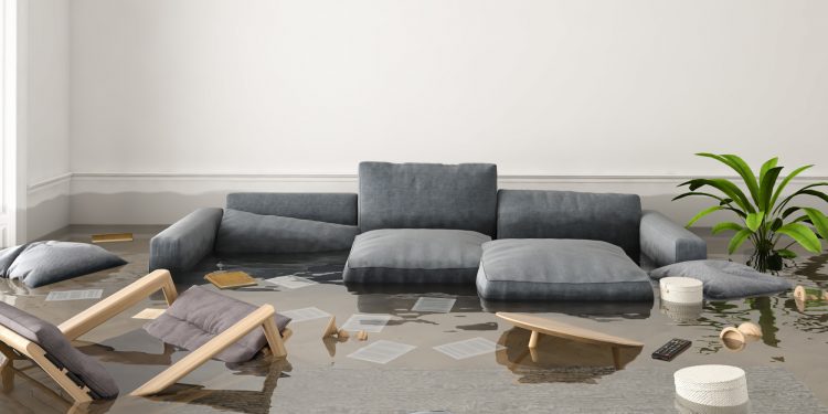 3d rendering. flood in brand new apartment.
