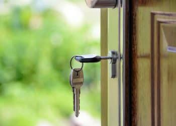 a bunch of keys dangling as one of these bunch is lodged into an open door with greenery in the background.