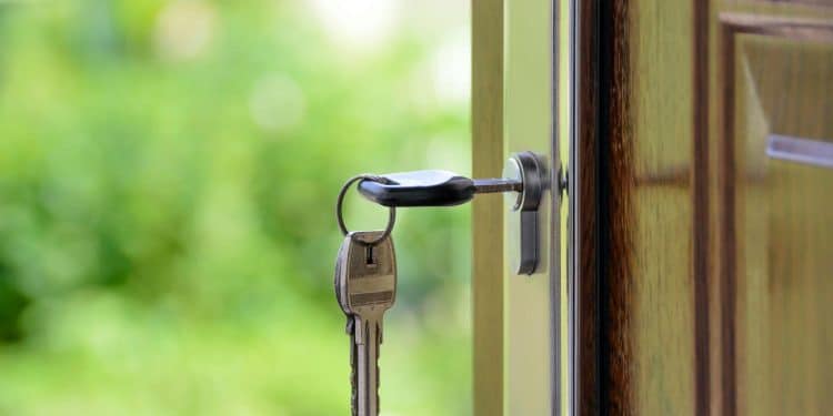 a bunch of keys dangling as one of these bunch is lodged into an open door with greenery in the background.