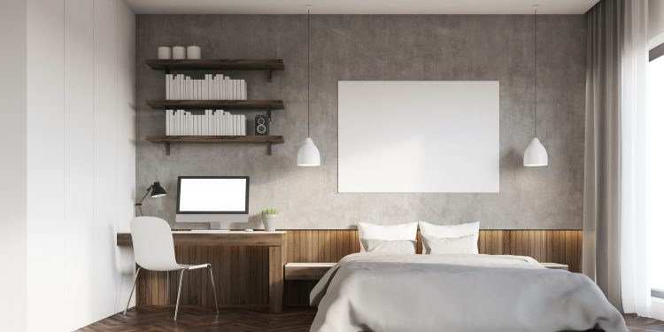 Front view of bedroom in big city. Master bed with horizontal poster, computer on desk. Bookshelves. 3d rendering. Mockup.